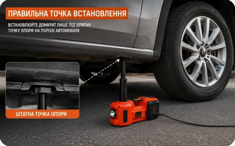 Правильна точка встановлення домкрата — лише під штатну точку опори на порозі автомобіля