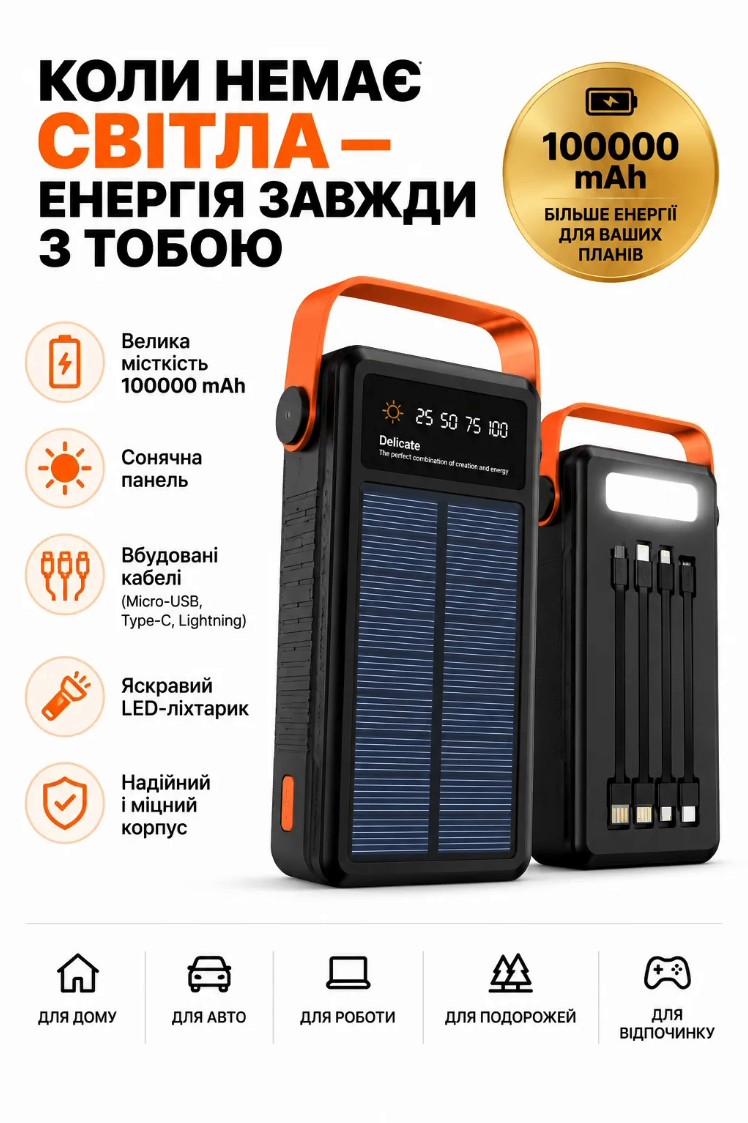 Power Bank 100000 mAh — для дому, авто, роботи, подорожей та відпочинку